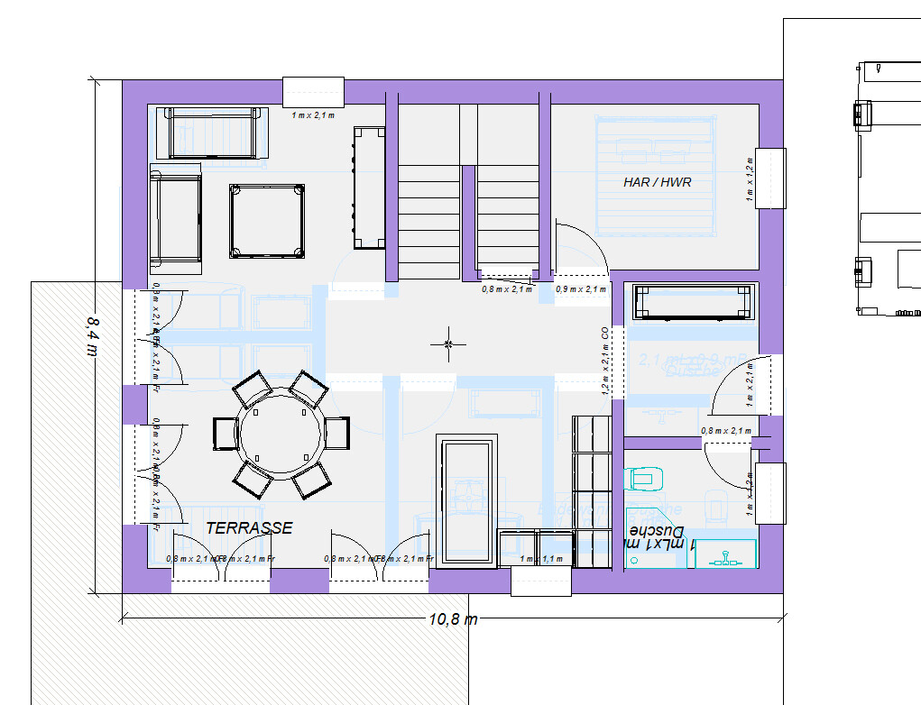 Floor plan of a house with terrace, open living room, dining table, kitchen, bathroom, utility room, staircase.