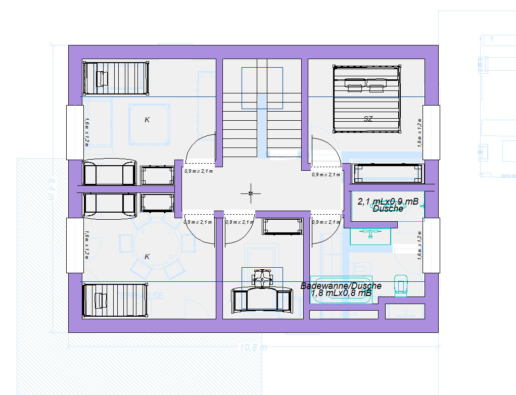 Floor plan of a house: central staircase, two bedrooms, bathtub, and shower.