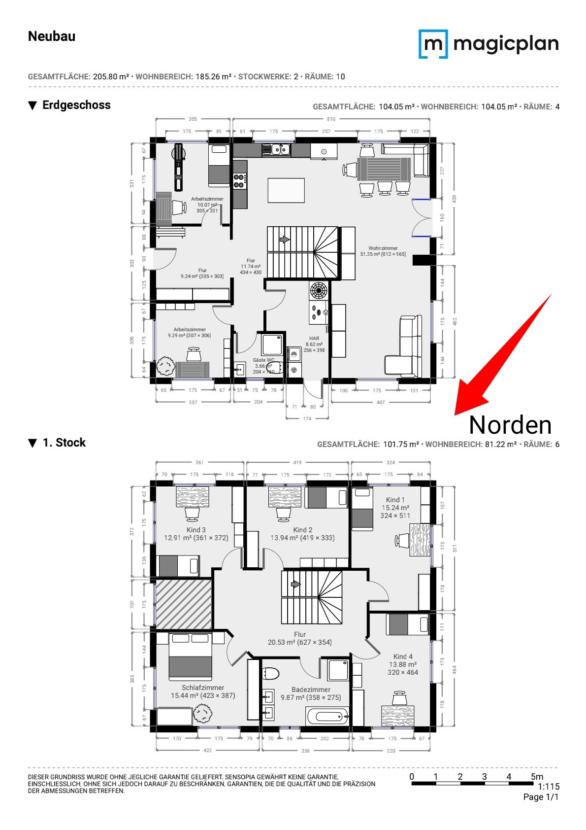 Floor plan of a new build: ground floor and first floor with kitchen, living room, bedroom; north arrow.