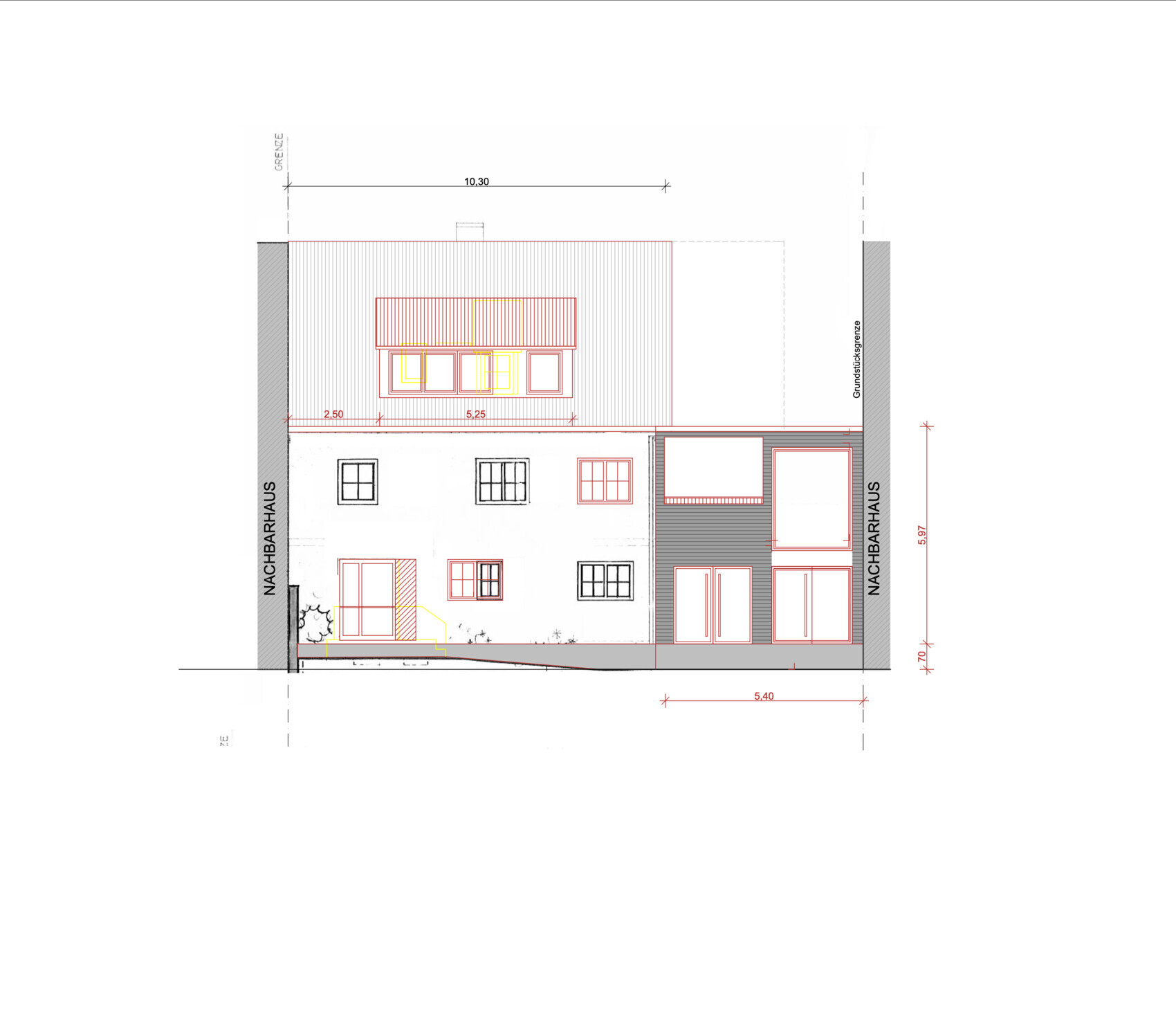 Architectural plan: side view of a house with extension, roof and terrace