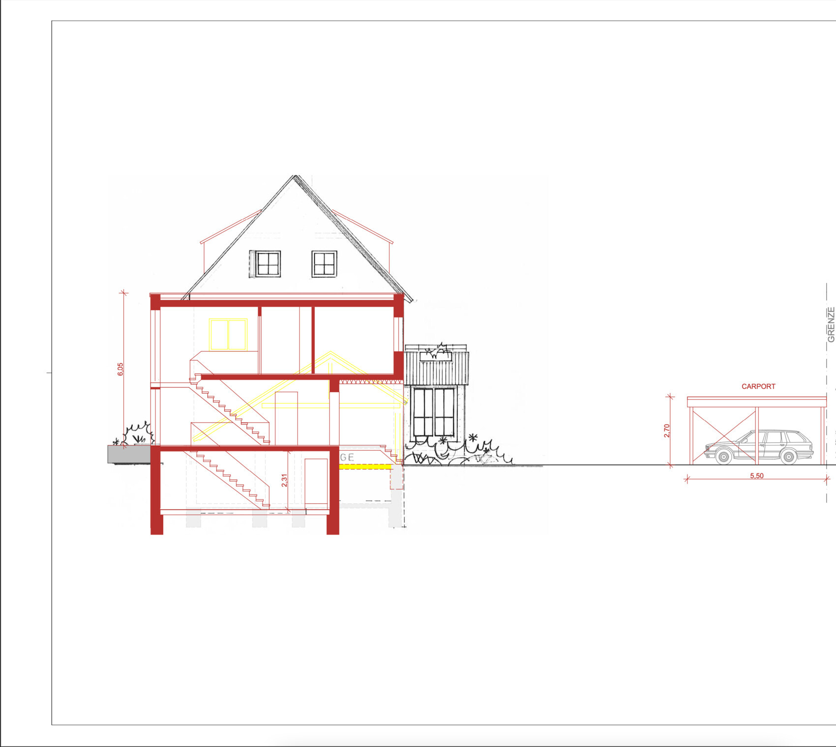 Architectural cross-section through a two-story house with basement, stairwell and carport.