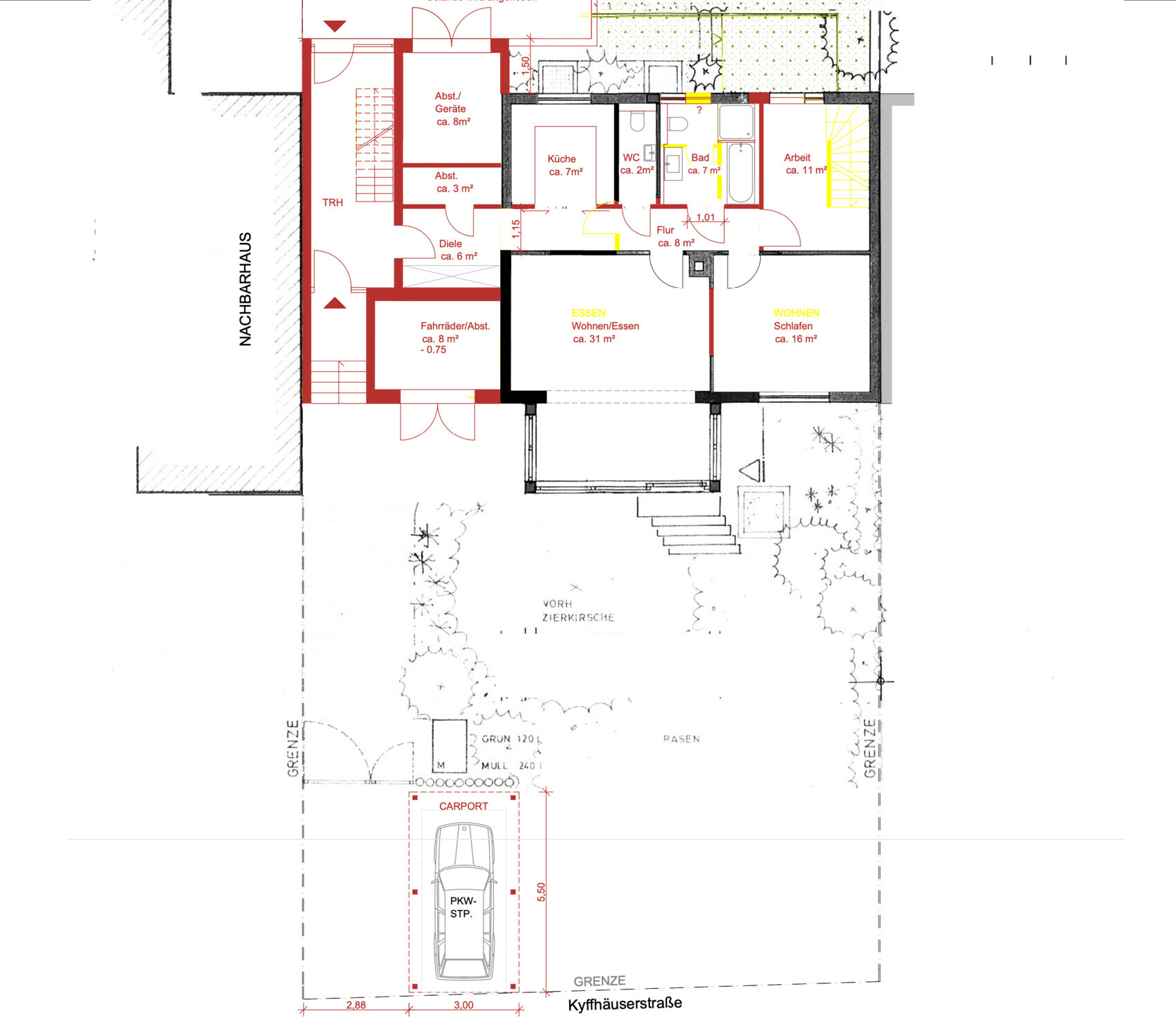Floor plan of a house with kitchen, bath, WC, hallway, living/dining area, bedroom, carport and garden.