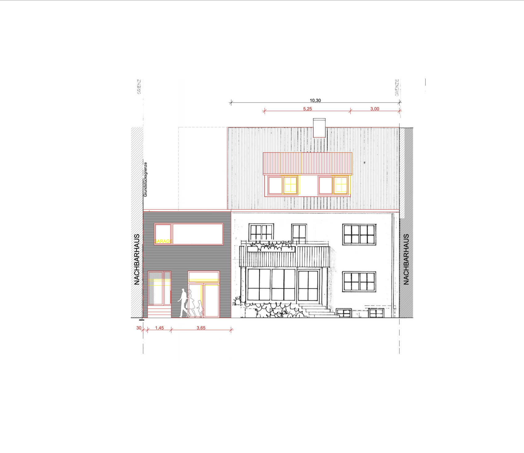 Architectural drawing of a multi-story house facade with balcony and neighboring houses