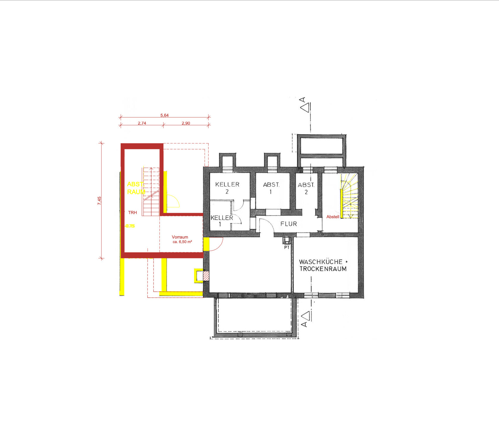 Basement floor plan with cellar 1, cellar 2, storage rooms, hallway and laundry room.