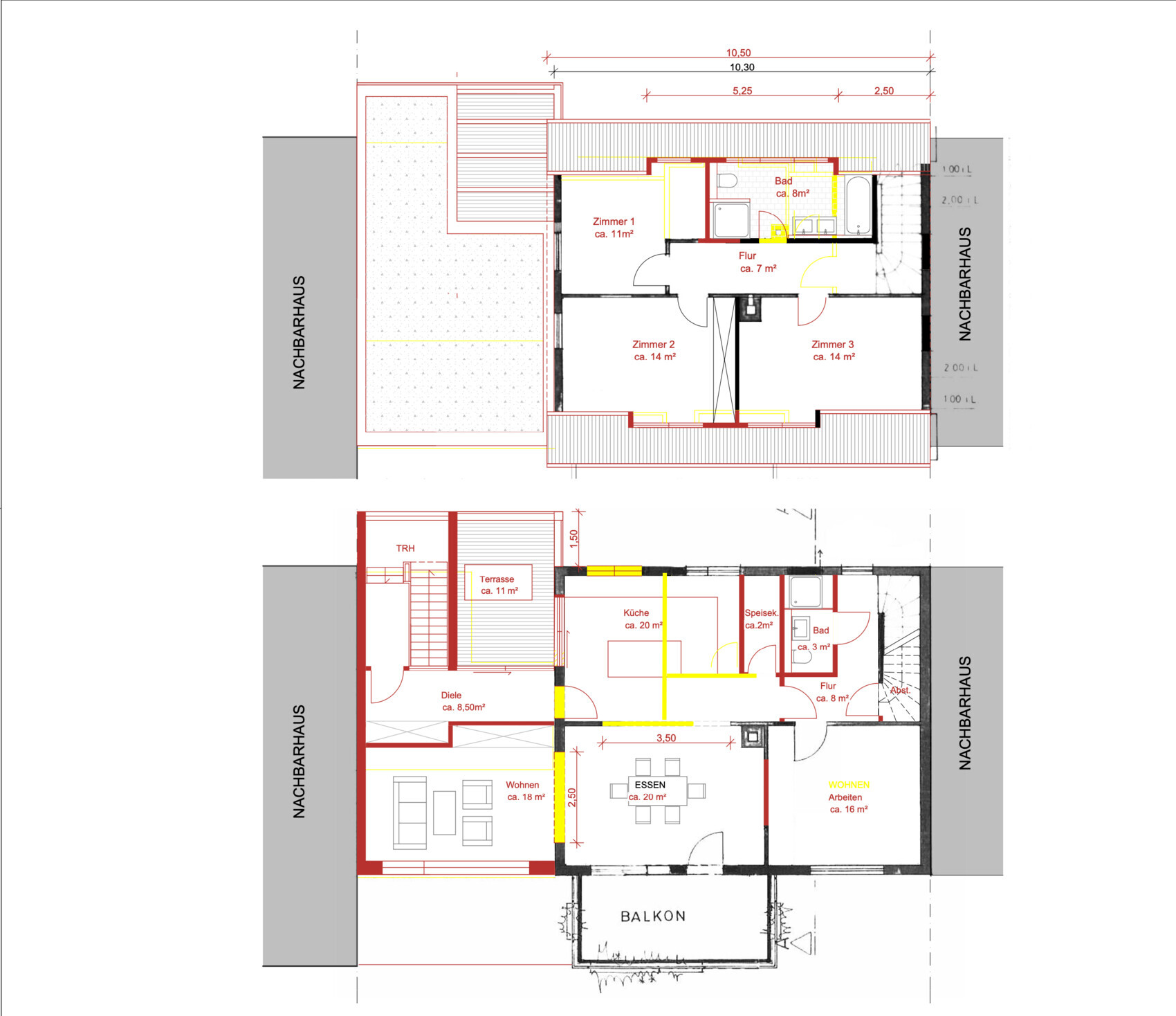 Two-story floor plan of a house with kitchen, living room, hallway and balcony
