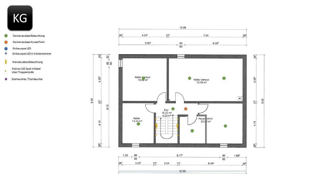 Grundriss Kellergeschoss mit Flur, Treppe, Haustechnik und Kellerräumen