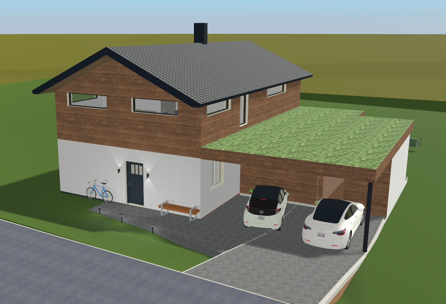 Modernes Holzhaus mit weißer Grundfläche, graues Satteldach, Fahrrad vor Tür, zwei Autos in Einfahrt