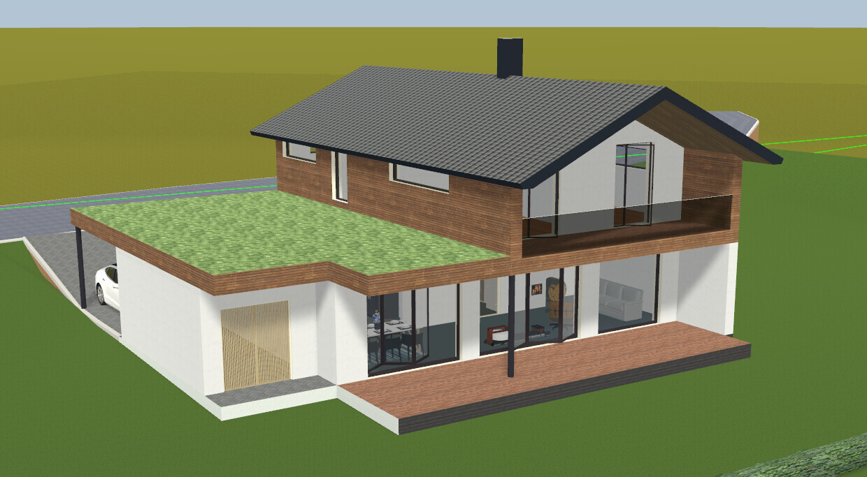 Zweistöckiges Haus mit Holzwandverkleidung, großen Glasfronten, Balkon und Dachgarten.
