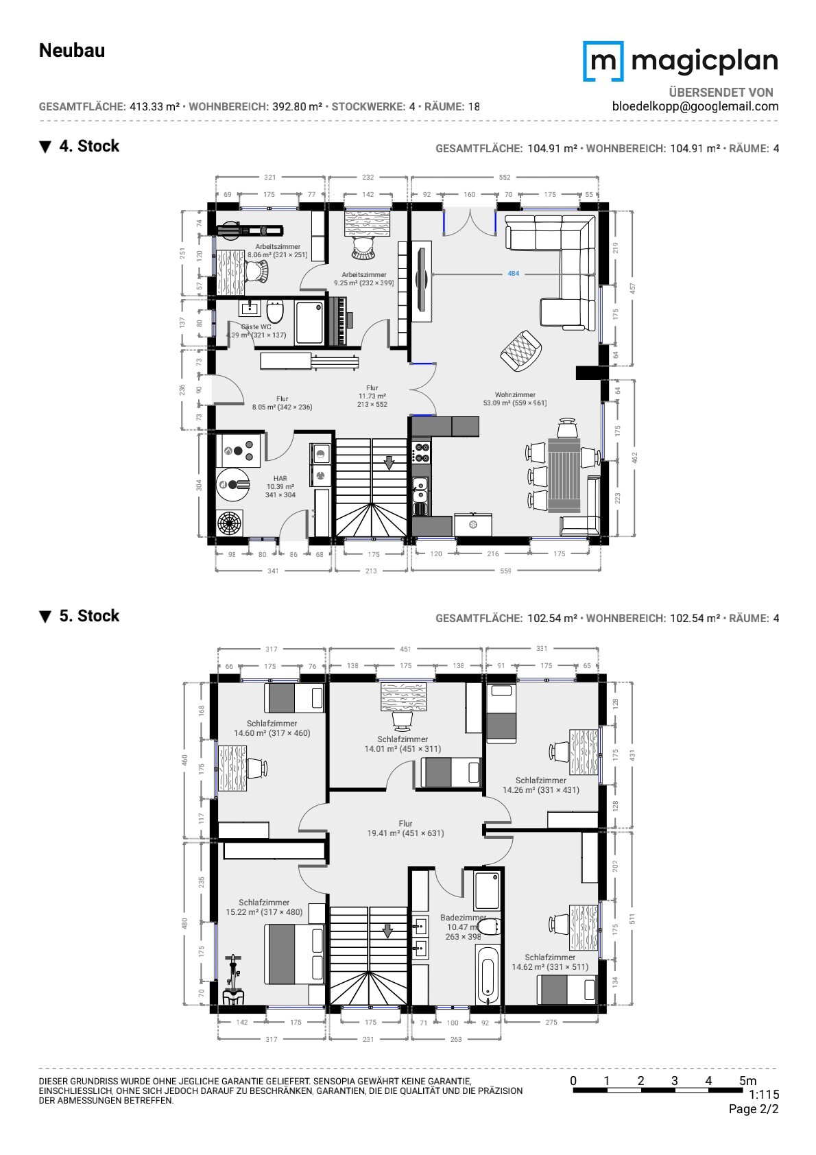 Detailed floor plan of a building: 4th and 5th floors with apartments, corridors, stairs.