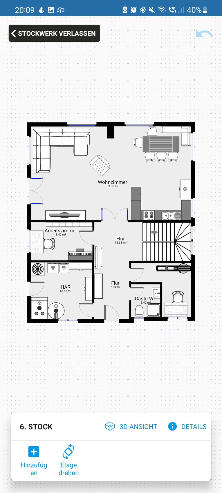 Floor plan of the 6th floor: living room with dining area, kitchen, office, utility room (HAR), hallway, guest WC.