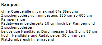 Ramp regulations: max 6% slope, intermediate landings at least 150 cm (59 inches), handrails on both sides