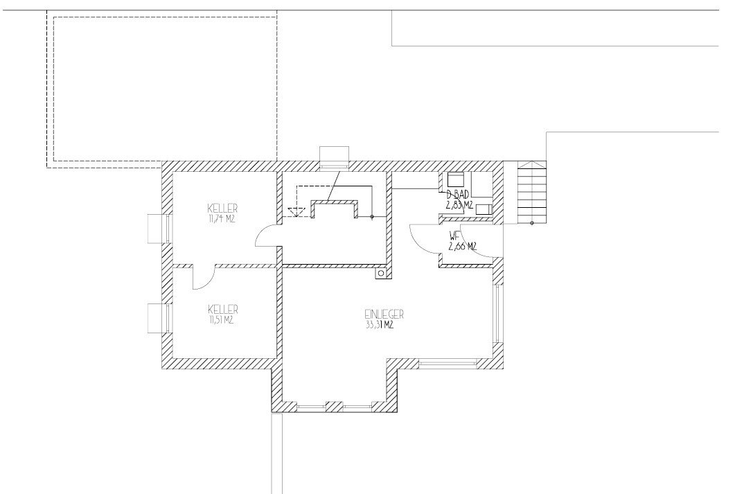 Basement floor plan: granny flat 33.31 m2, two storage rooms, bathroom, hallway.