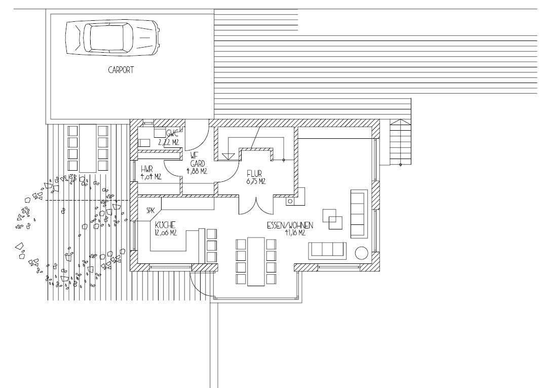 Floor plan of a house with carport, kitchen, dining and living area, hallway and garden area.