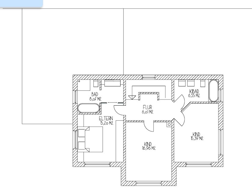Floor plan of a house with hallway, master bedroom, two children’s rooms and two bathrooms.
