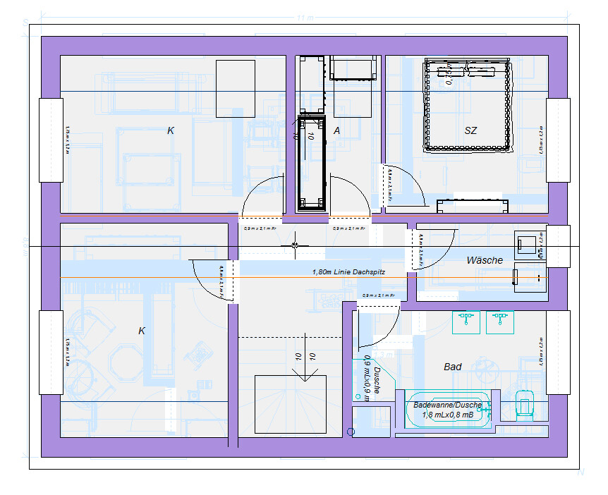 Floor plan of an apartment with kitchen (K), bedroom, bathroom/shower, laundry, and stairs.
