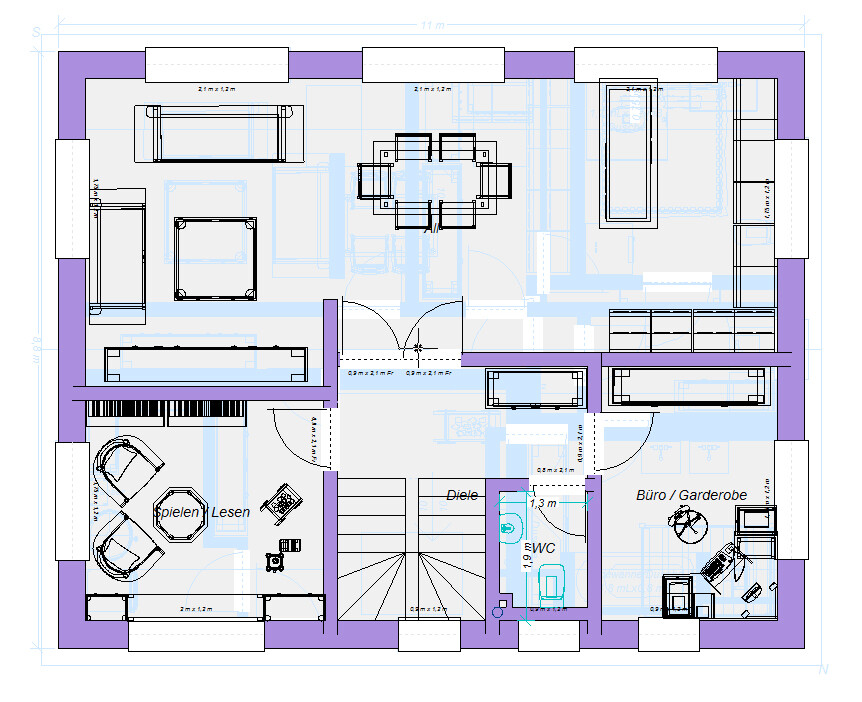 Floor plan of a residential house with play/reading room, office, hallway, WC, stairwell, and dining area.