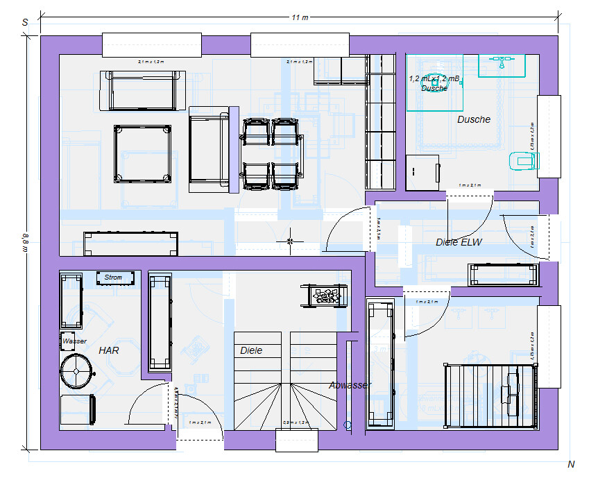 Floor plan of a house: rooms, stairs, shower, utility room, hallway, sewage.