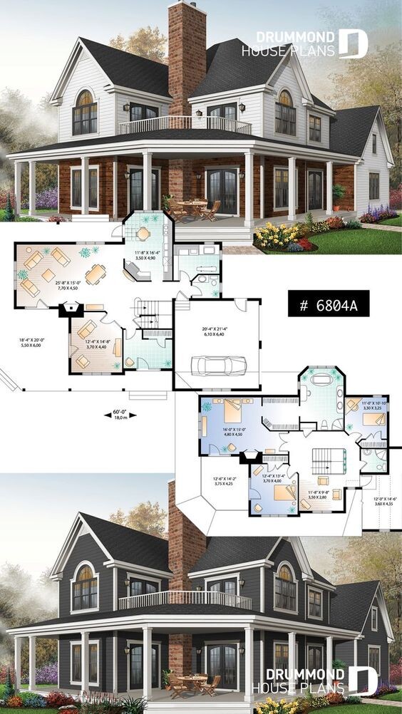 Zweistöckiges Haus mit Veranda und Kamin; Grundrisse beider Etagen.