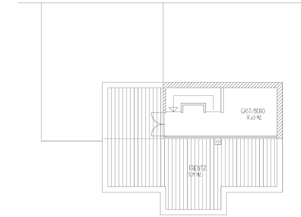 Floor plan: guest/office 17.03 m² on the right; terrace with wooden floor at the bottom.