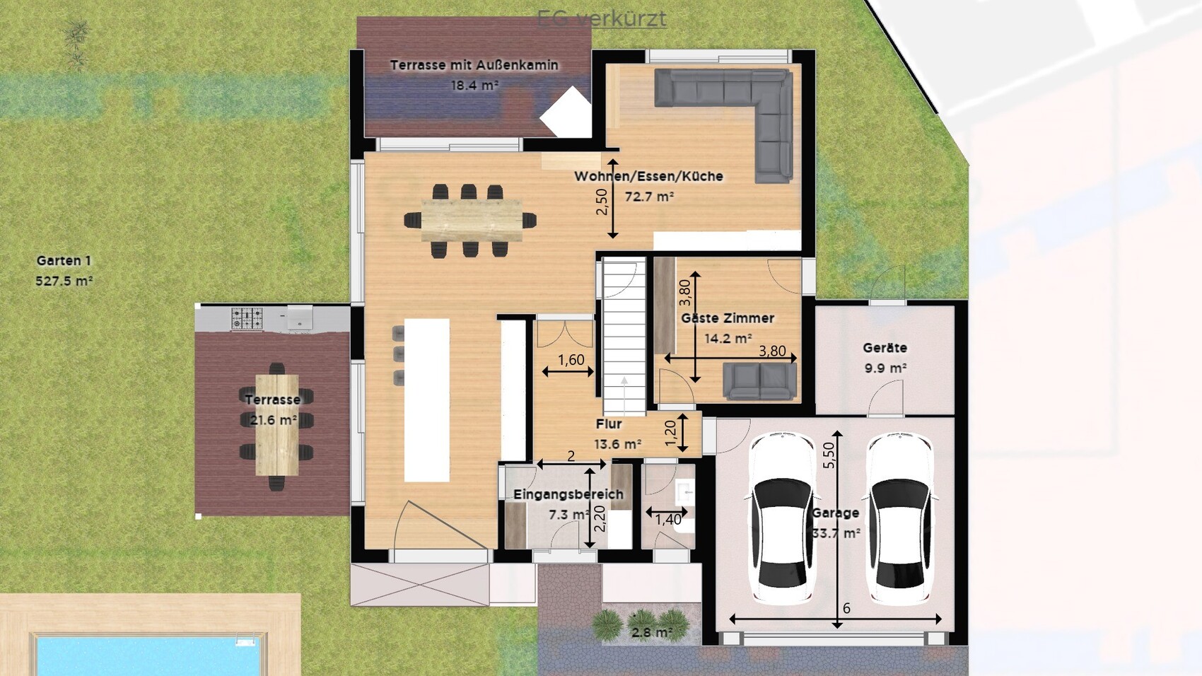 Floor plan of a single-family house with terrace, garden, and garage