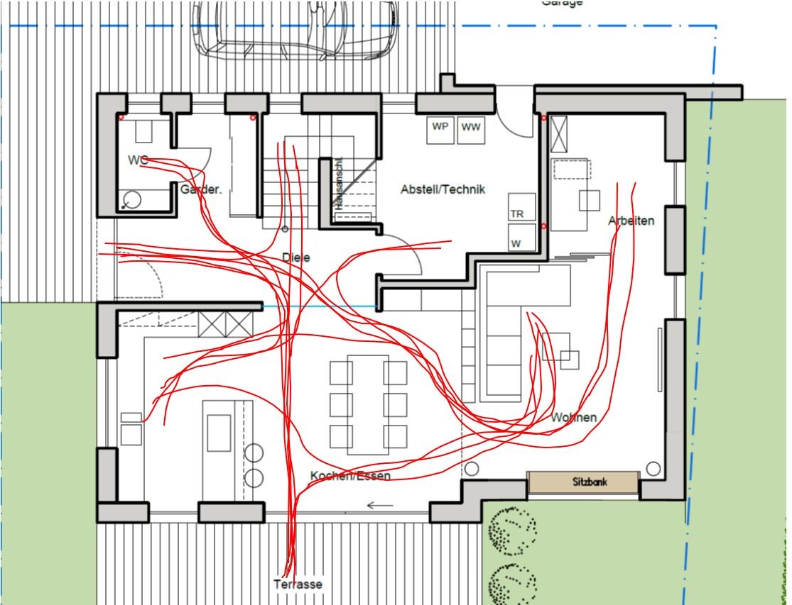 Floor plan of a house with kitchen/dining, living room, terrace, and utility room; red cable routes marked.