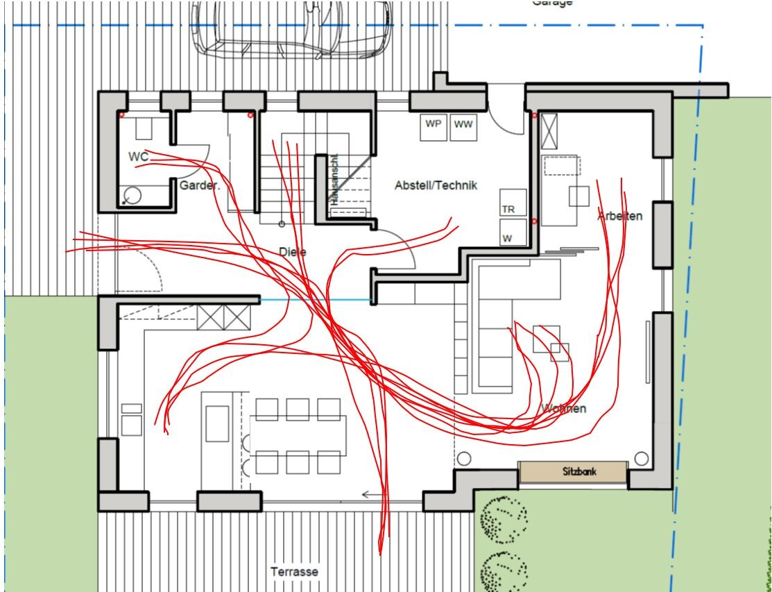 Floor plan: living room dining area, hallway, WC, storage/utility, office, terrace, garden, bench.
