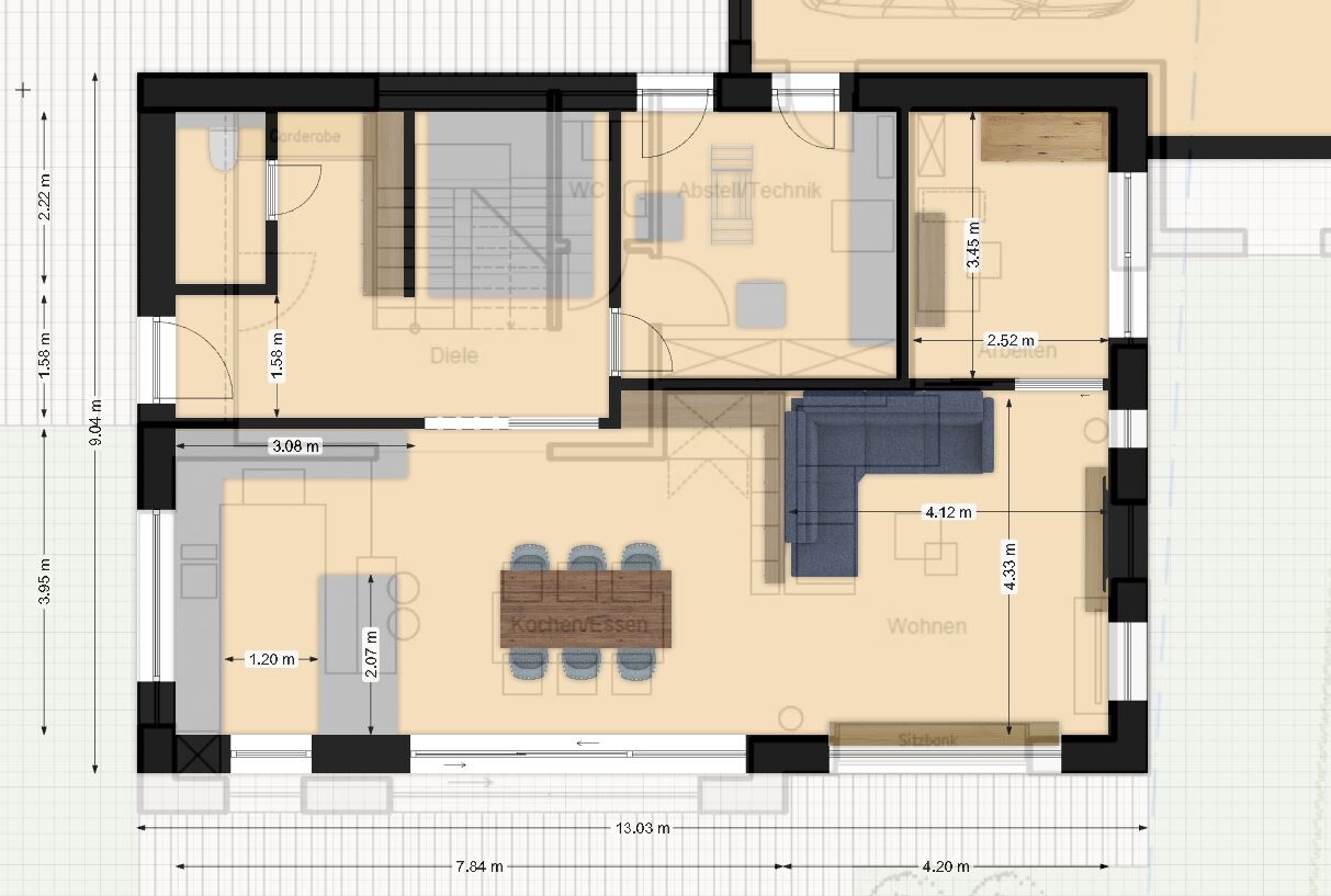 2D floor plan of a house with open kitchen, dining area, and living room