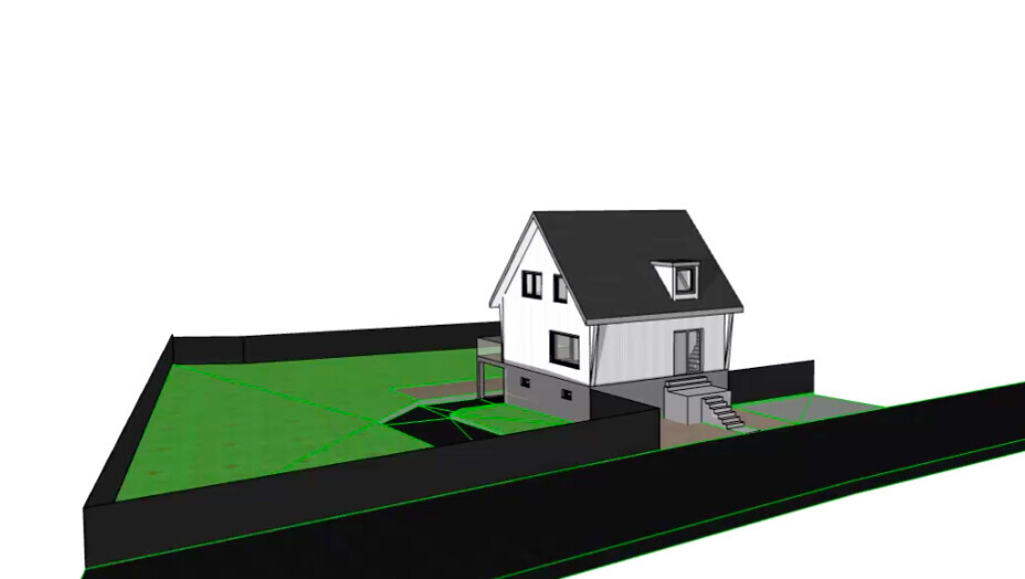 3D view: White house with black roof on green fenced lot; stairs to entrance
