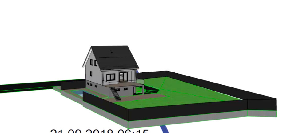 3D model of a house on a fenced lot with garden and terrace.
