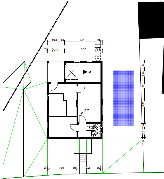 Floor plan of a house with rooms, staircase and doors; blue rectangular pool on right