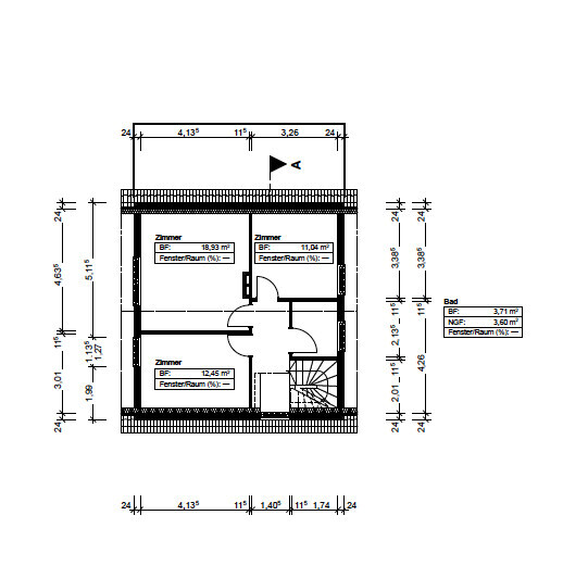 Floor plan of a house with three rooms, bathroom, stairs and measurements on plan