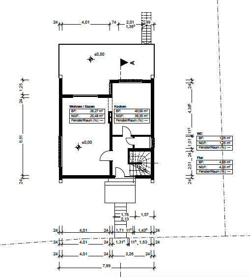 Floor plan of a house: Living/dining, kitchen, hallway, stairs, entrance, measurements.