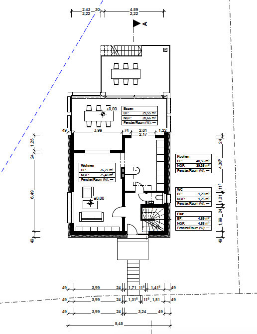 Floor plan of a house with living room, dining area, kitchen, hallway, WC, stairs and entrance.