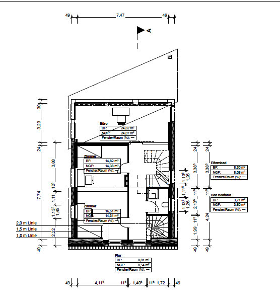 Floor plan of a house with several rooms (office, bedroom), hallway and stairwell.
