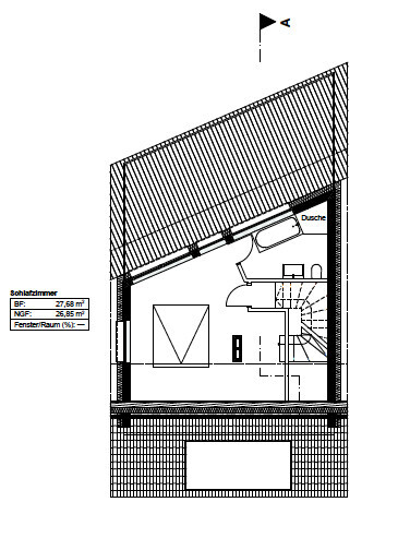 Attic floor plan with bedroom, shower and stairs, north orientation