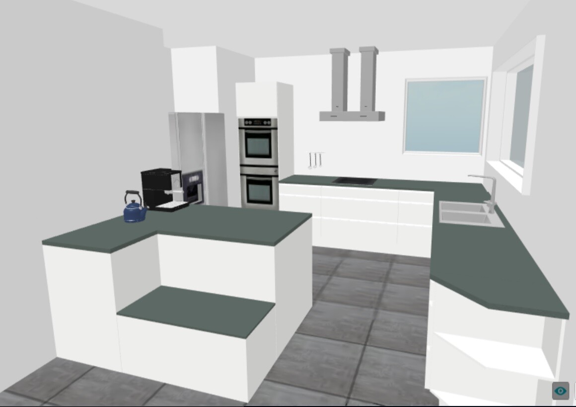 Modern kitchen with white cabinets, gray countertops, island and extractor hood.