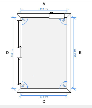2D floor plan of a room with dimensions A, B, C, D and door and window positions.