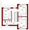 2D floor plan of a house with several rooms, hallway, and stair