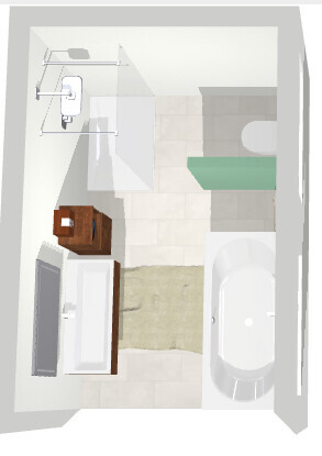 3D-Badgrundriss mit Dusche, Badewanne, Waschbecken und Toilette