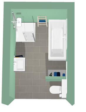 Top-Down-Bad mit Dusche, Badewanne, Waschbecken und Toilette in moderner Gestaltung