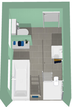 Top-ansicht eines 3D-Bad-Layouts mit Badewanne, Waschbecken und Toilette
