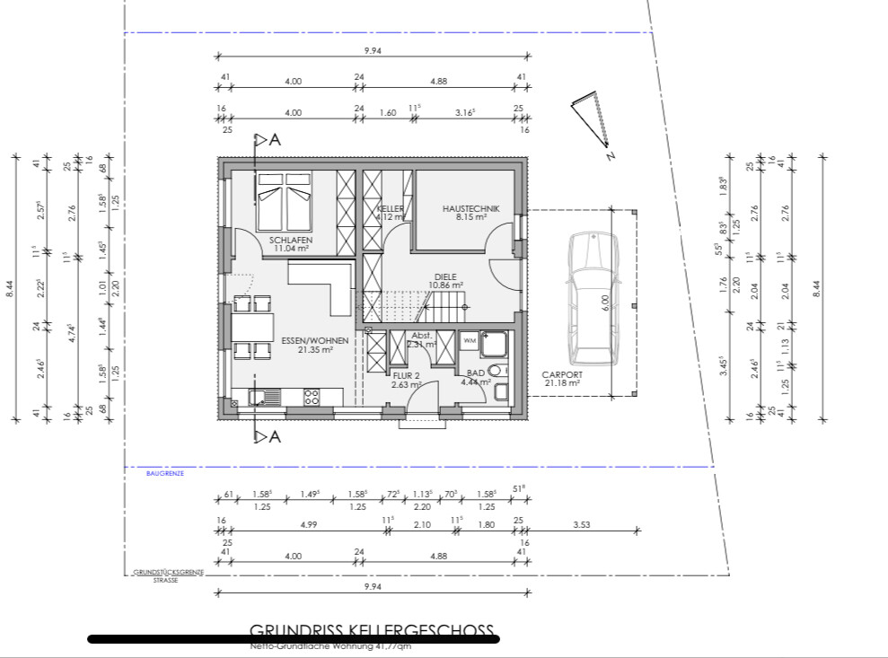 Basement floor plan: Sleeping, eating/living, hall, bath, technical room, carport