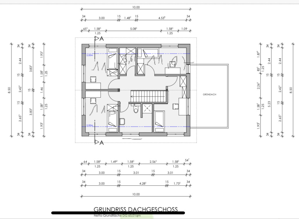 Upper floor plan: Central staircase, multiple rooms, bath, living area, balcony.