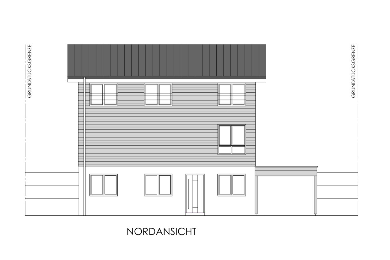 North view of a two-story house with horizontal cladding, row of windows, entrance and garage on the right