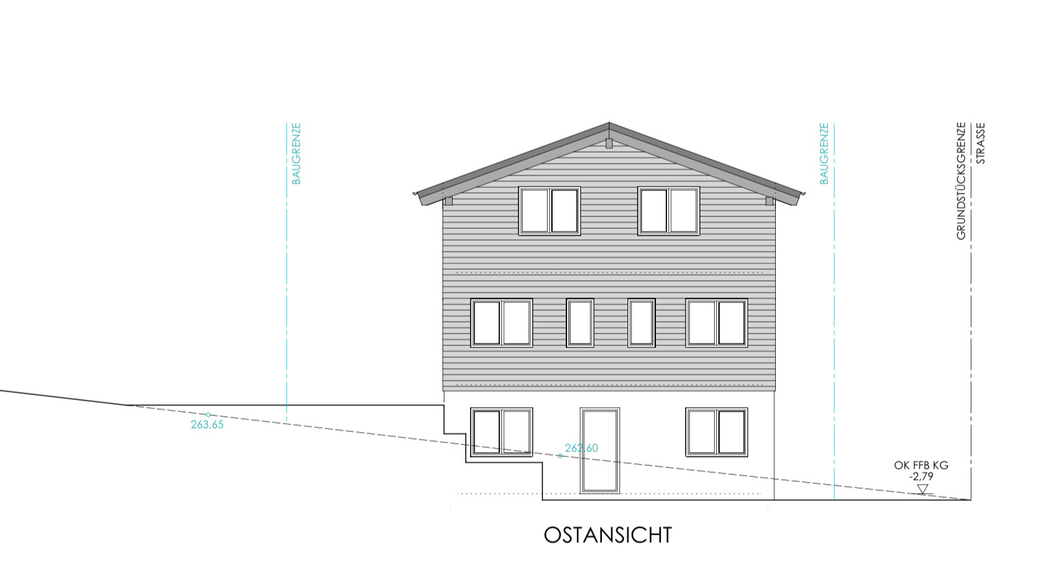 East view of a three-story house with gable roof, wood cladding and windows.