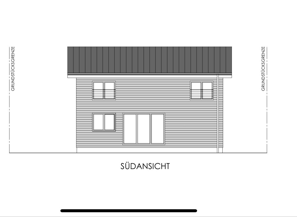 Two-story house with wood cladding, roof and windows, south view