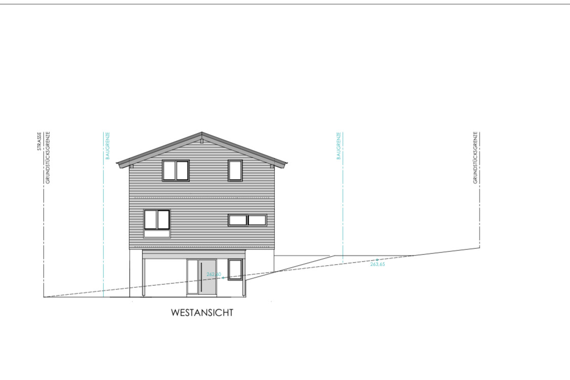 West view of a two-story house with gable roof, windows, door and slope location.