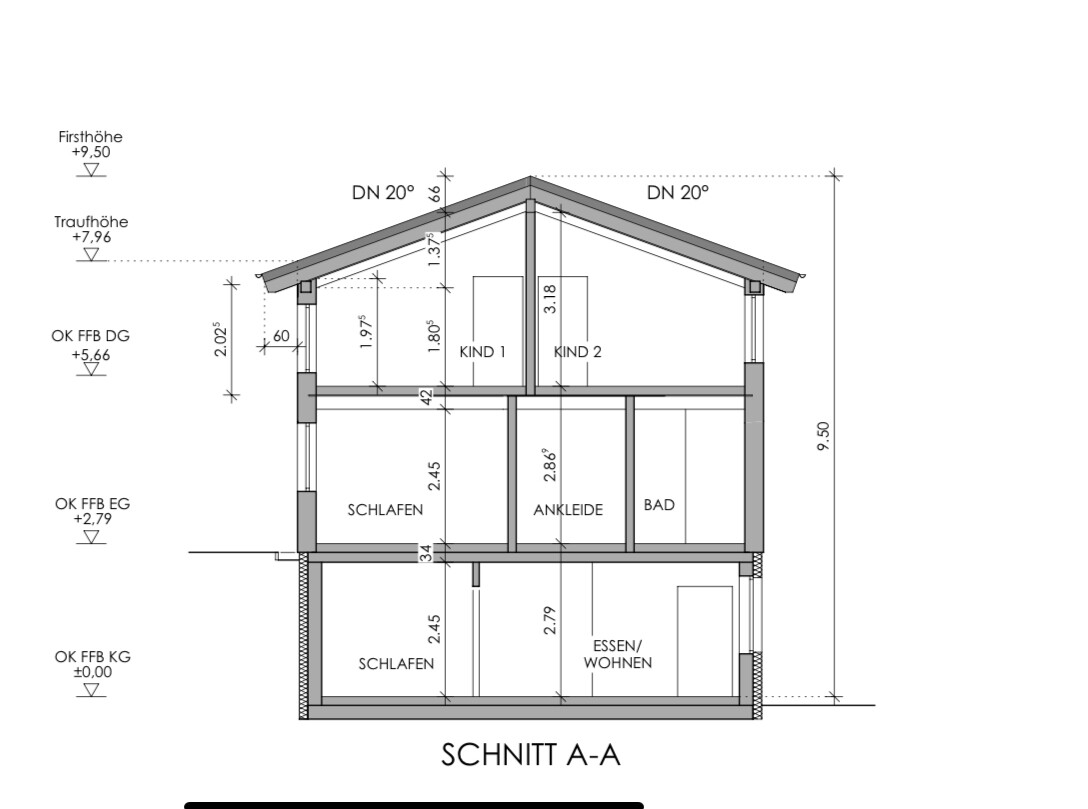 Section A-A through a multi-story house with roof structure; rooms: sleeping, eating/living, bath.