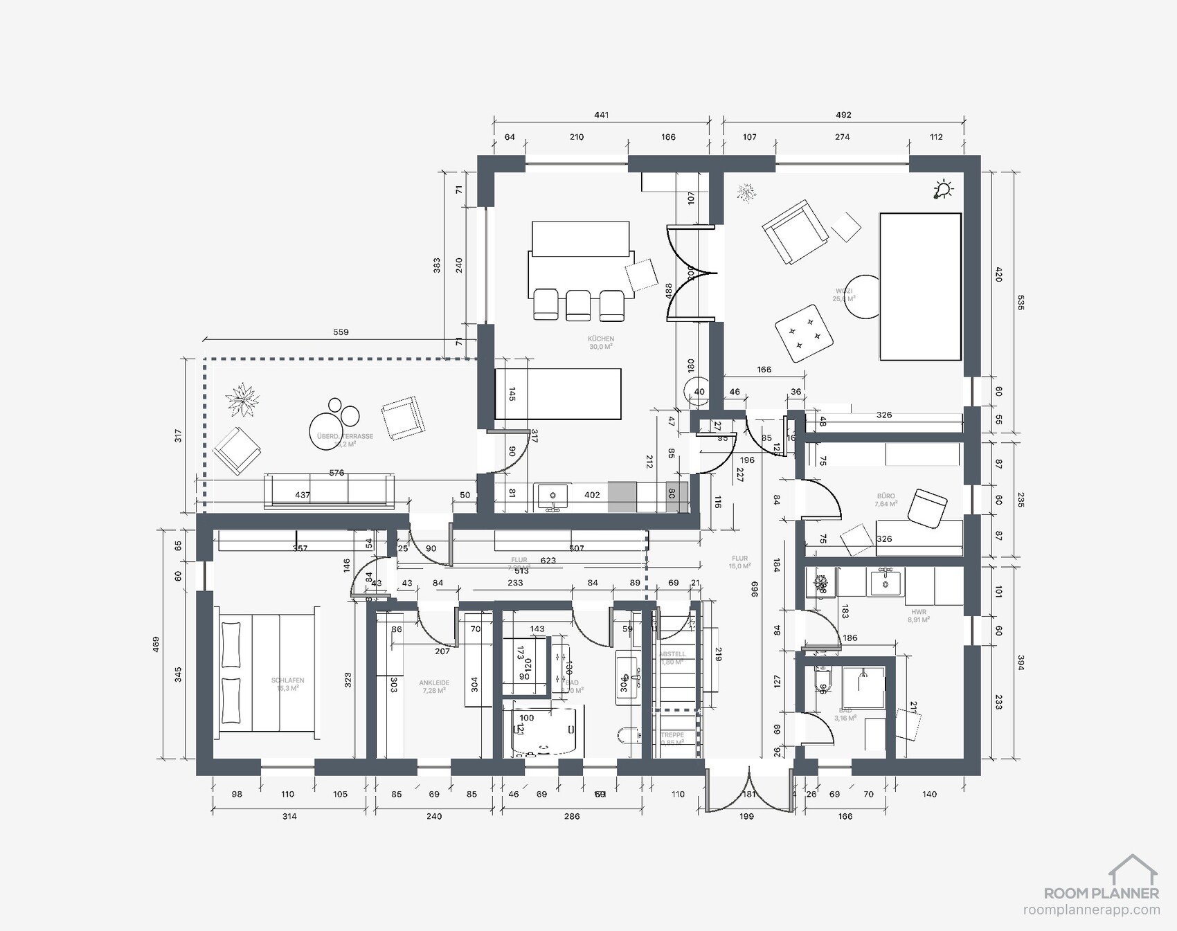 Floor plan of an apartment with rooms, doors, furniture, and dimensions.
