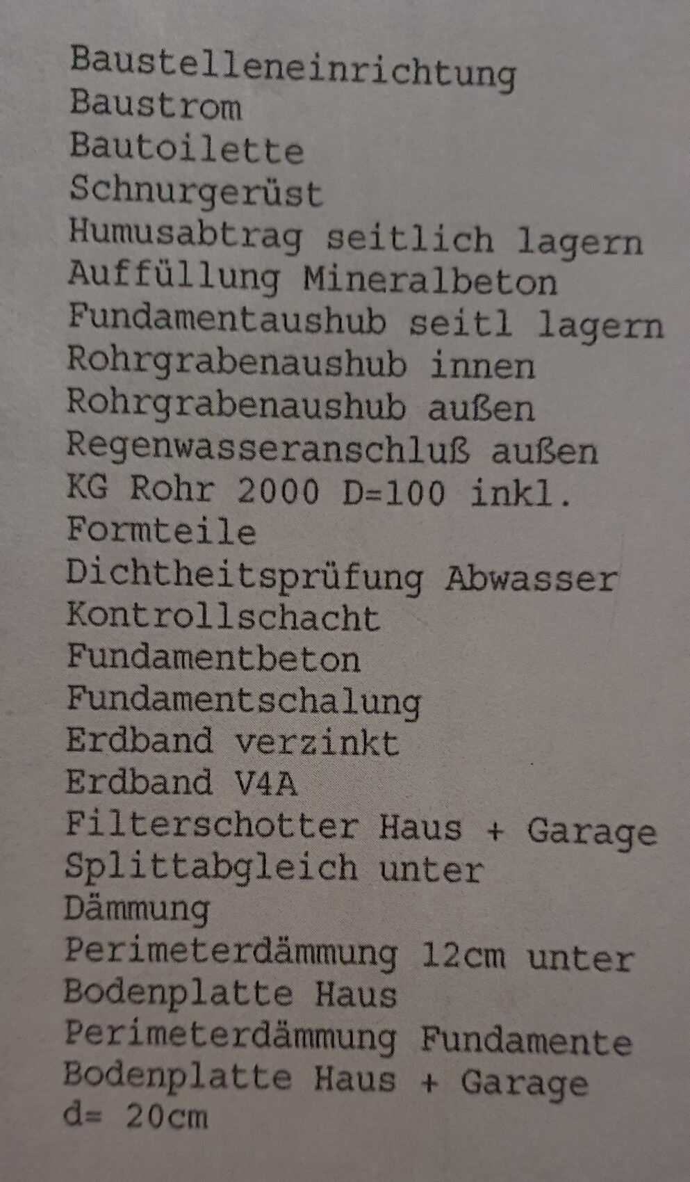 Textliste technischer Bau- und Fundamentbegriffe (Rohre, Gräben, Dämmung, Beton).